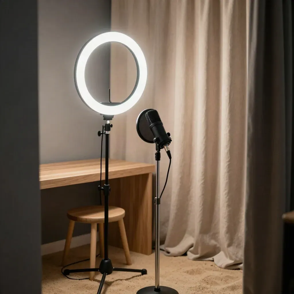 Close-up recording nook with microphone, ring light halo, curtain, and empty stool in soft haze.