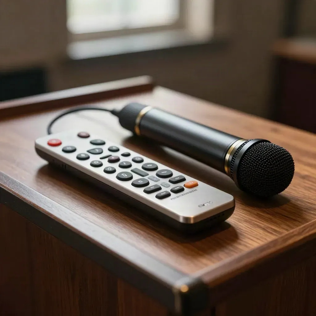 Matte lectern edge, presenter remote, and microphone base on dark wood in dramatic studio light.