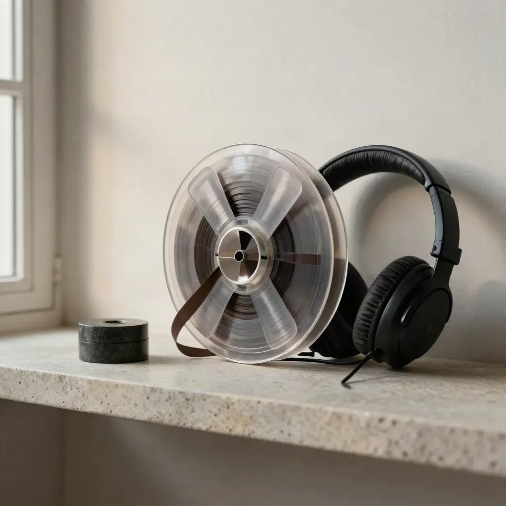 Rewound tape spool, headphones, and stone paperweight on a stone shelf